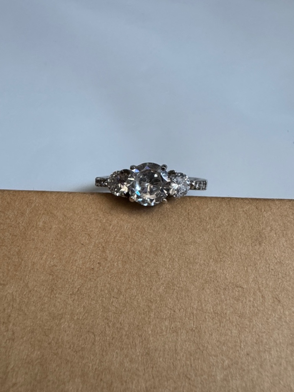 Round Cut White Crystal Three-Stone Silver Ring Size 10